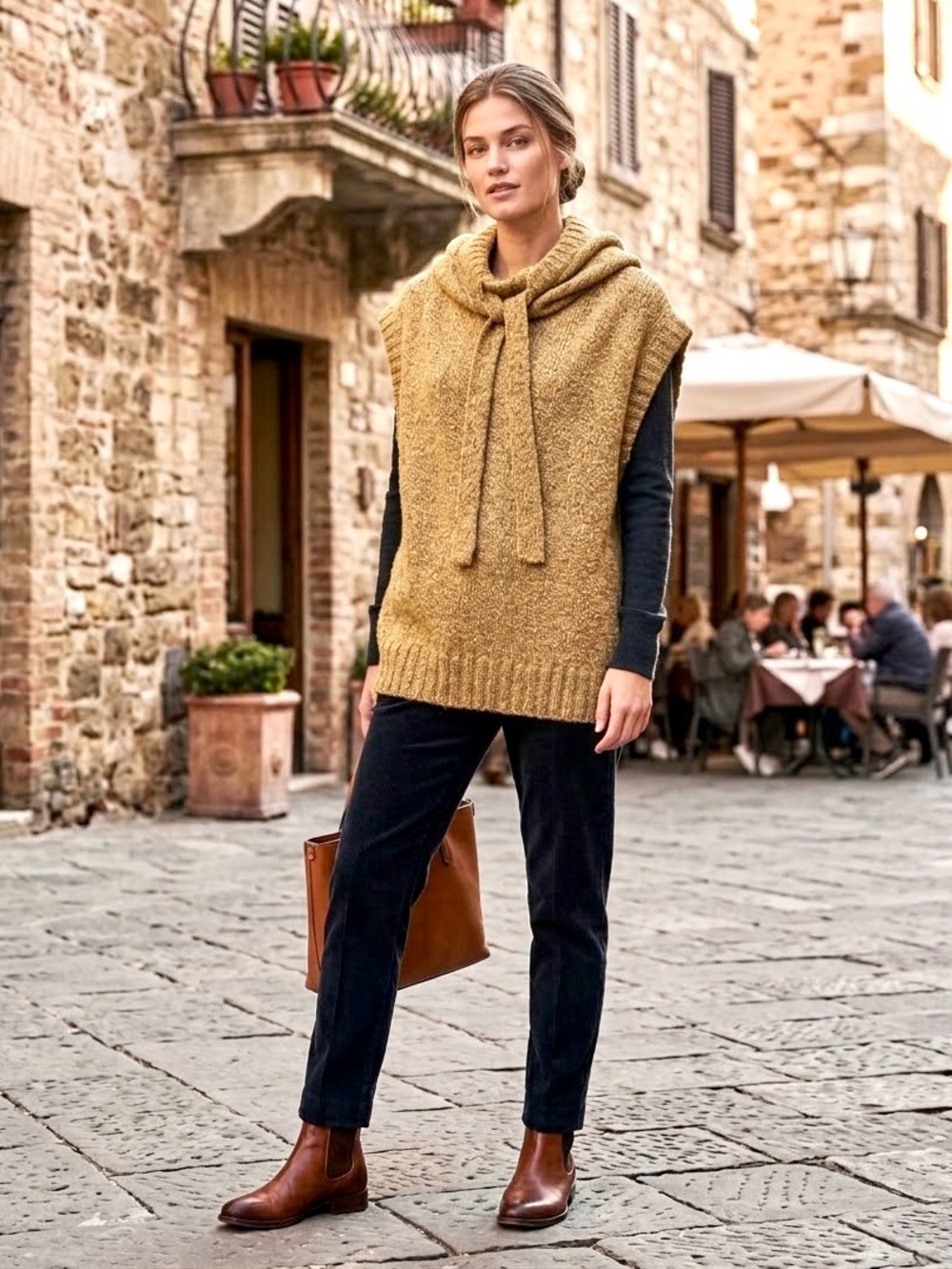 Zara Oversized Chunky Knit Hooded Sweater Vest – Beige Marl (Size M)